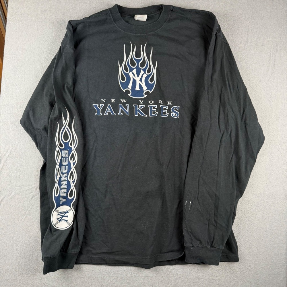 Vintage 2004 Lee Sport New York Yankees Long Sleeve Shirt Black Flame XL MLB